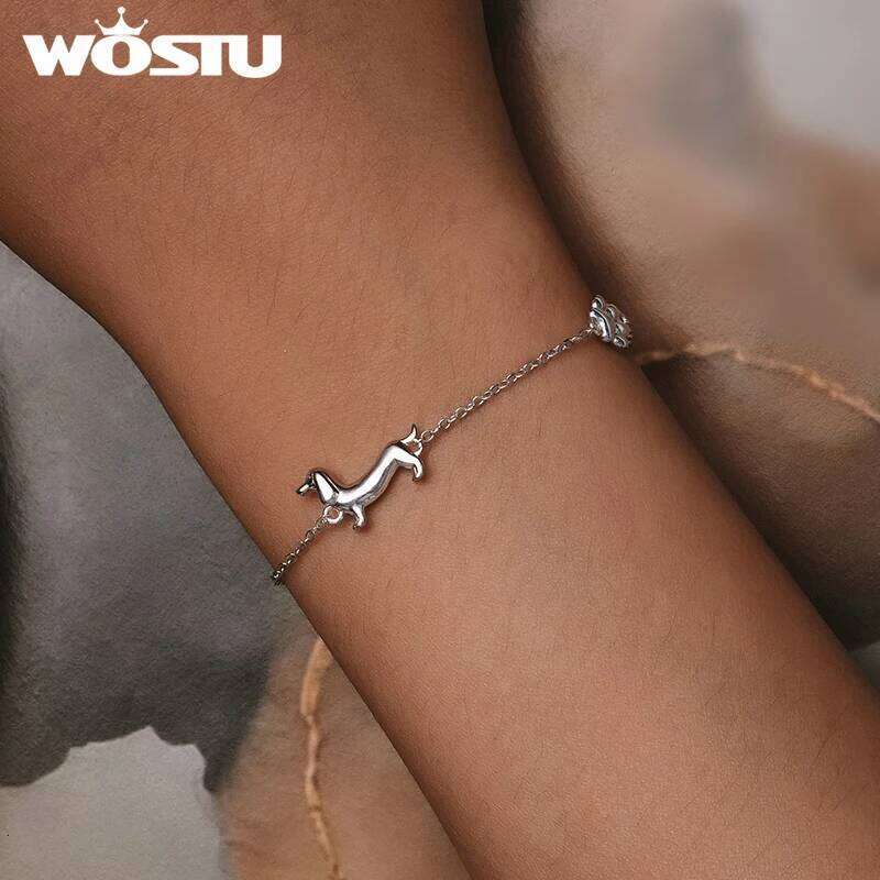 WOSTU 925 Sterling Silver Cute Dachshund Dog Charm Bracelet for Women Original Adjustble Animal Pet Paw link Family Gift Jewelry 25T1226