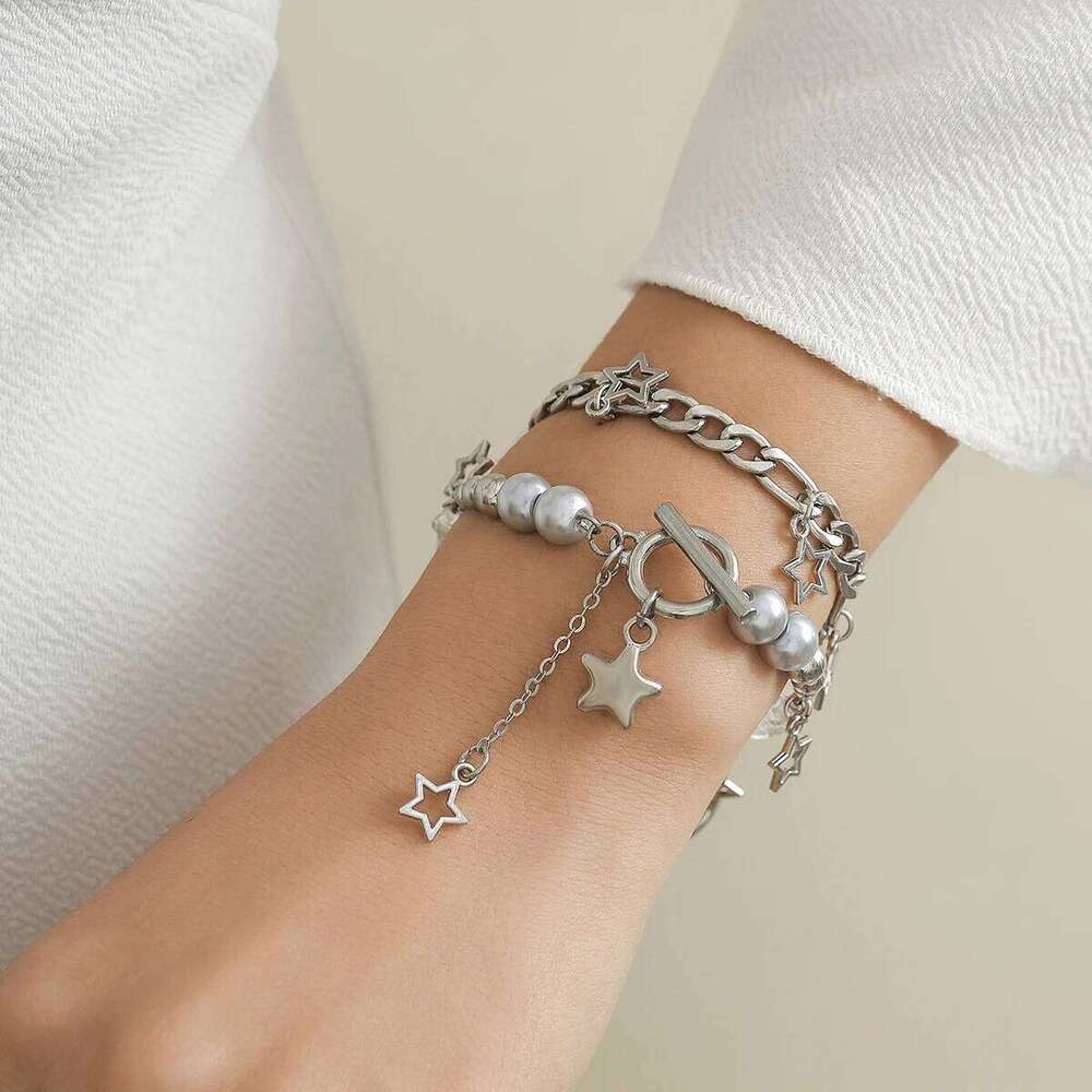 Salircon 2Pcs Trend Y2K Hollow Star Pendant Irregular Ball Bead Chain Bracelet Women's Party Hip Hop Jewelry Gif 25T1226