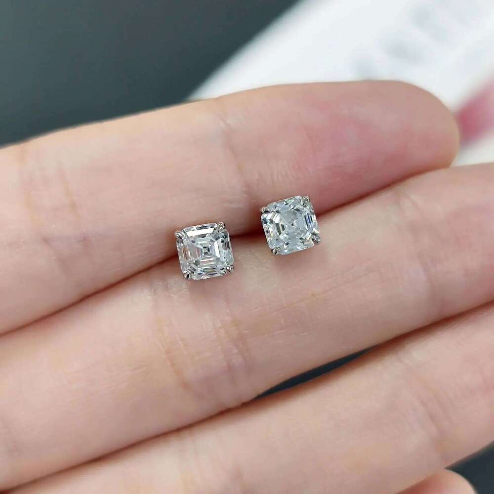 FEOBUR 2CT Asscher Cut Moissanite Stud Earrings for Women Men 925 Sterling Silver Sparkling Lab Diamond Ear Studs Anti-allergy 25H1226