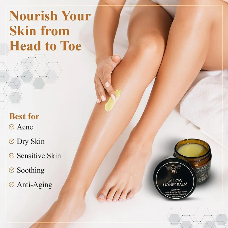 Organic Grass-Fed Beef Tallow Balm with Raw Honey - Cream for Soft Smooth Skin - Handmade All-Natural r 251217