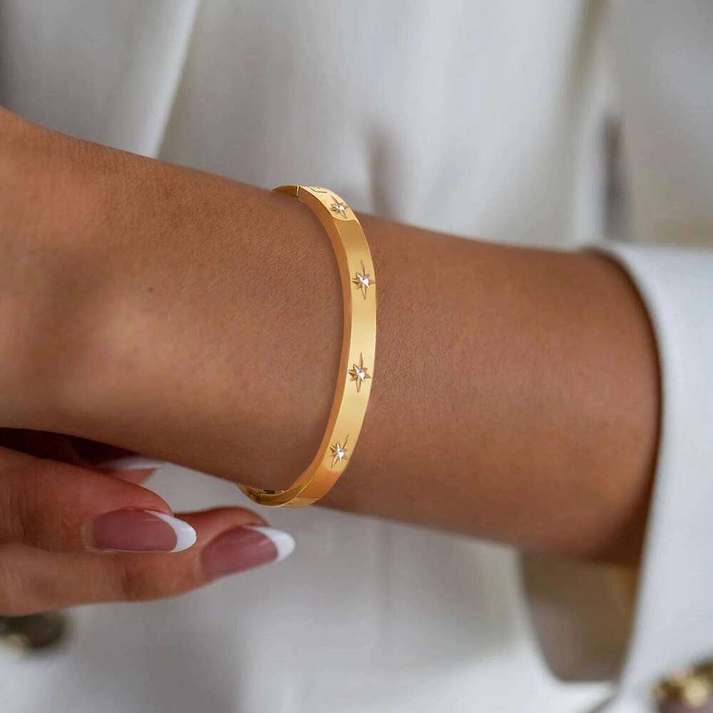 Open Adjustable Star Starburst Cuff Bangle Bracelet for Women Stainless Steel Cubic Zirconia Inlay Charm Layered Jewelry 25T1226