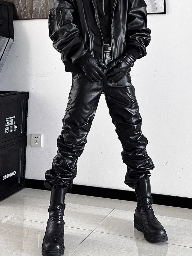 Mauroicardi Spring Autumn Cool Long Ruched Soft Black Pu Leather Stacked Pants for Men y ner Cyberpunk Rock Clothes 251226