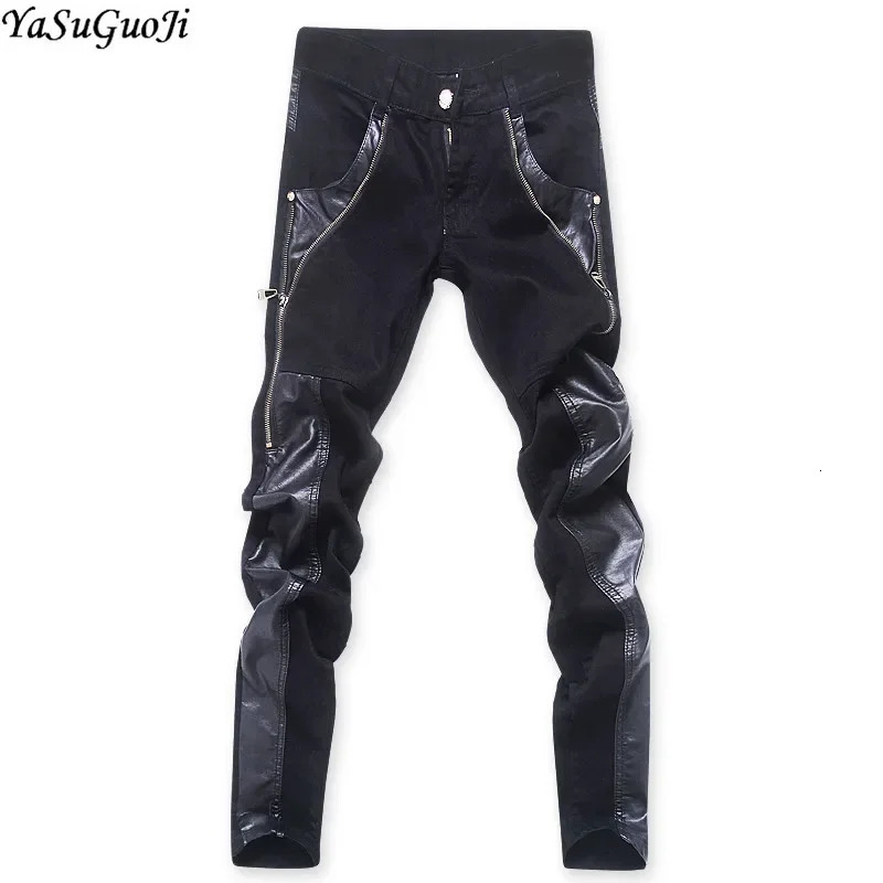 YASUGUOJI 2024 Punk Style Fashion Slim Fit Pu Leather Patchwork Long Zipper Desgin Skinny Jeans Men Party Wear Pants 251219