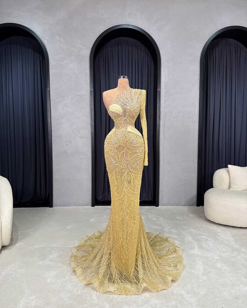 Exquisite Mermaid Evening Dresses Jewel One Shoulder Sweep Train Prom Gowns Crystals Beaded Party Customized