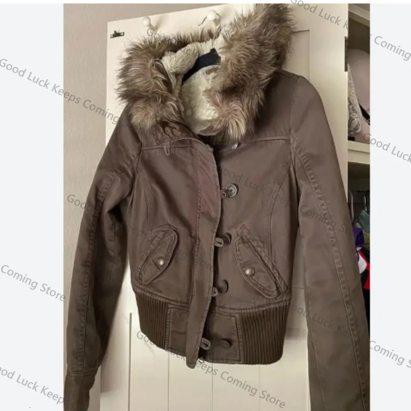 Essential brown fur collar hooded short jacket in Europe and America in autumn and winter Y2K fashionable versatile super warm 251222