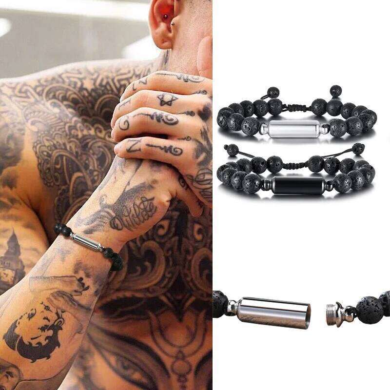 Men Urn Bracelet, Tiger's Eye and Lave Stone Bracelets Stash Capsule, Urns Jewelry for Ashes Cremation Brazalets 25T1226