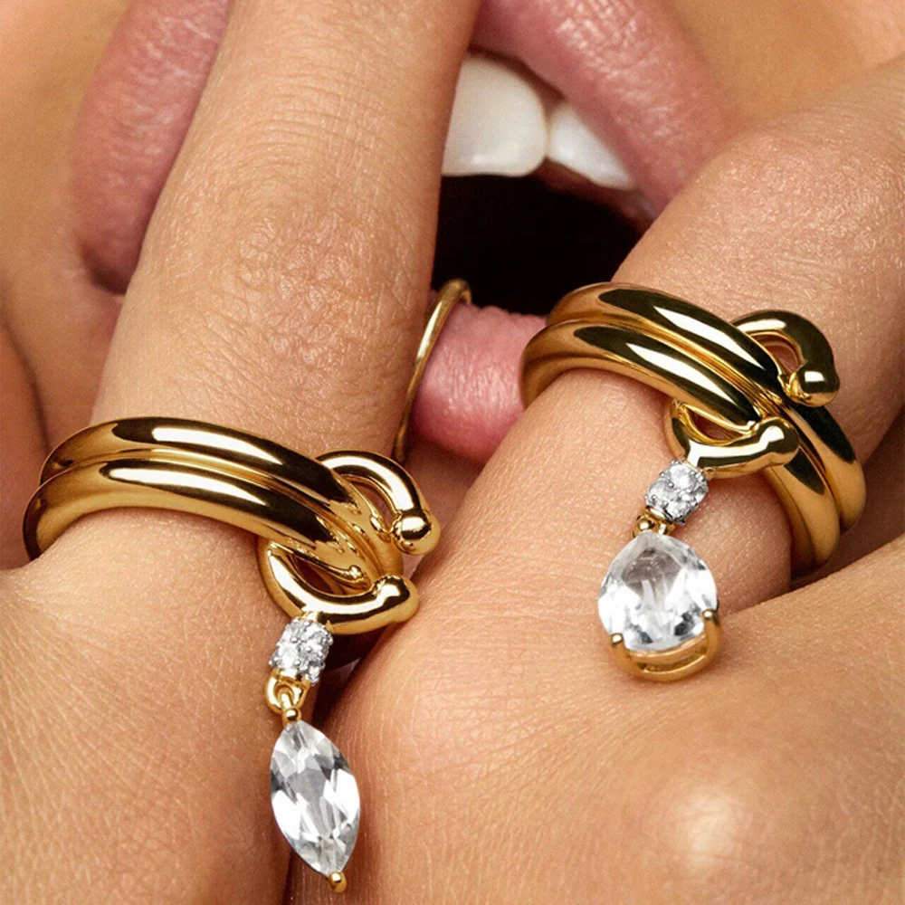 2026 NEW Fashion Design High Quality Multilayer Stacking Pendant Finger Ring Women Girl Geometry Cubic Zirconia Bling Charm Gold Plated Jewelry Gift