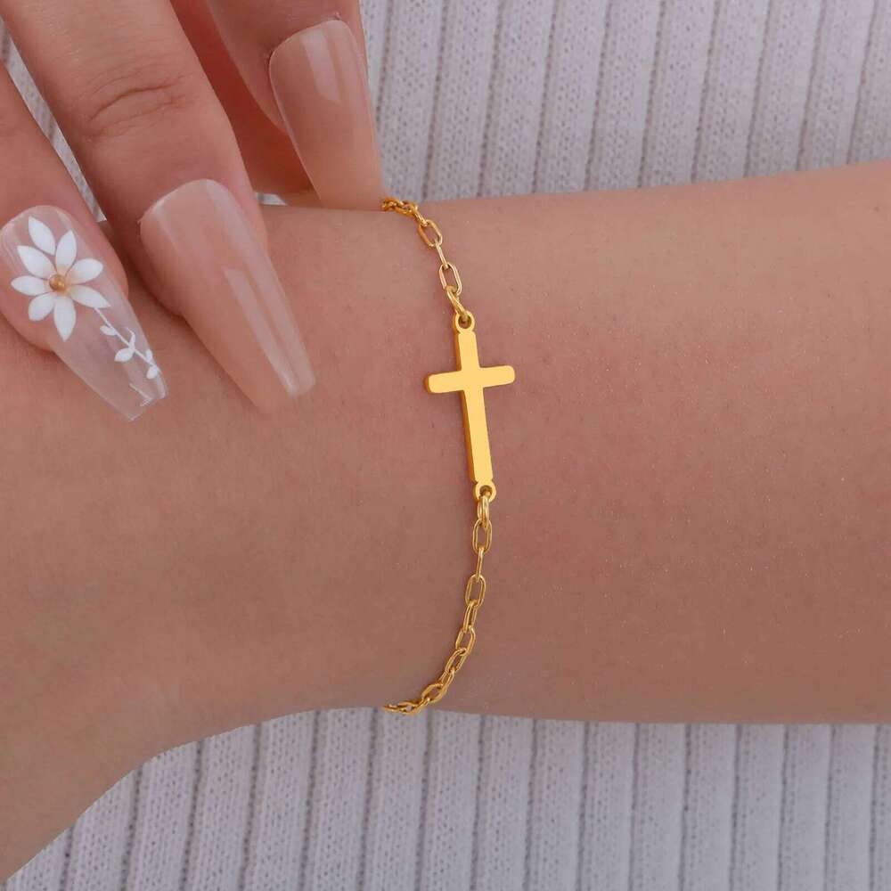 Fashion Stainless Steel Cross Bracelet for Women,CZ Zircon Charm Small Square Chain Bracelet,Waterproof Jewelry Gift 25T1226