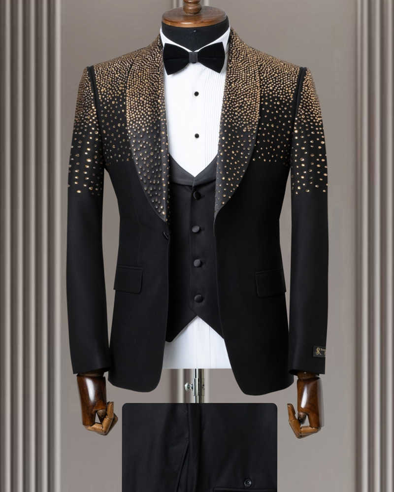Handsome Men Banquet Pants Suits Beads Shawl Lapel Groom Wear Wedding Tuxedos Wear 3 Pieces Business Birthday Party Customized