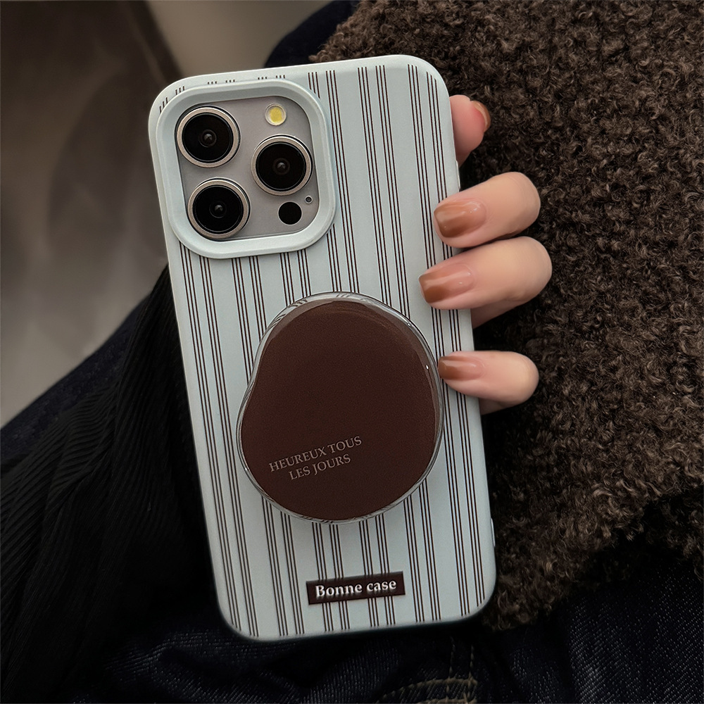 High-end Ins Style Striped iPhone 16 Case Apple 17 Brown Stand 15 Pro Max Compatible 13 Soft