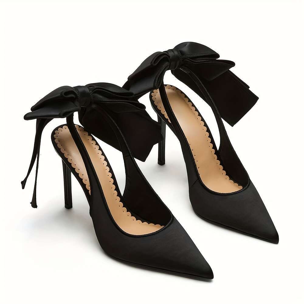 Wedding For Bridal Satin Back Heels Closed Pointed Toe Stiletto High Heel Pumps Slip On Dress Shoes Bow Design Versatile Woman Footwear MOJIDASHU