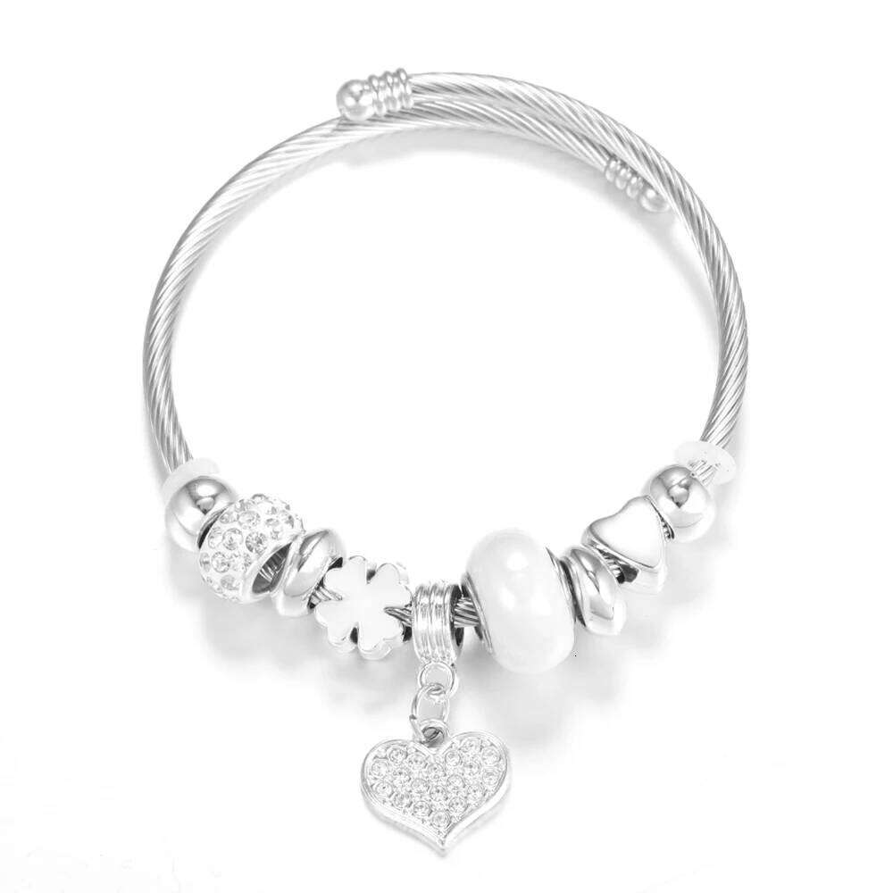 Heart-Shaped Rhinestone Stainless Steel Beaded Bracelet Women Glamorous Crystal 4 Colors Closure Adjustable Bangles Jewelry Gift 25T1226