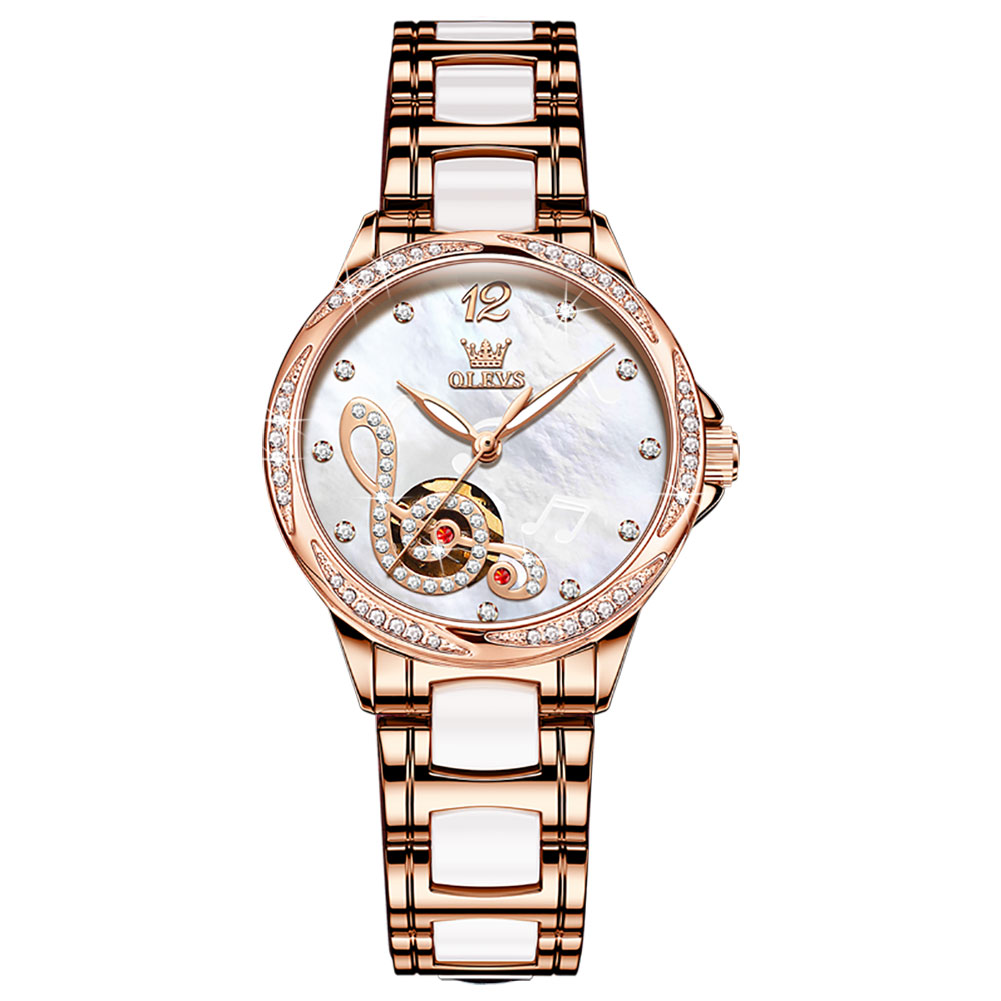 OLEVS Hot selling fully automatic mechanical watch, exquisite and elegant diamond inlaid ceramic with romantic notes, women's watch