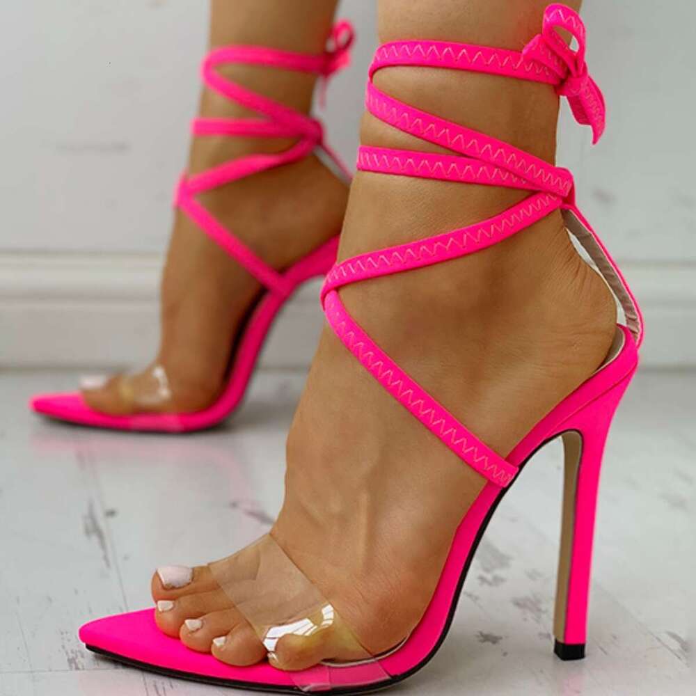CHICME Women S Sandals Open Toe Stiletto With Lace Up Straps Bright Pink Fabric Upper TPR Sole Elegant Party High Sandals Evening Wear Shoes Sleek Hee