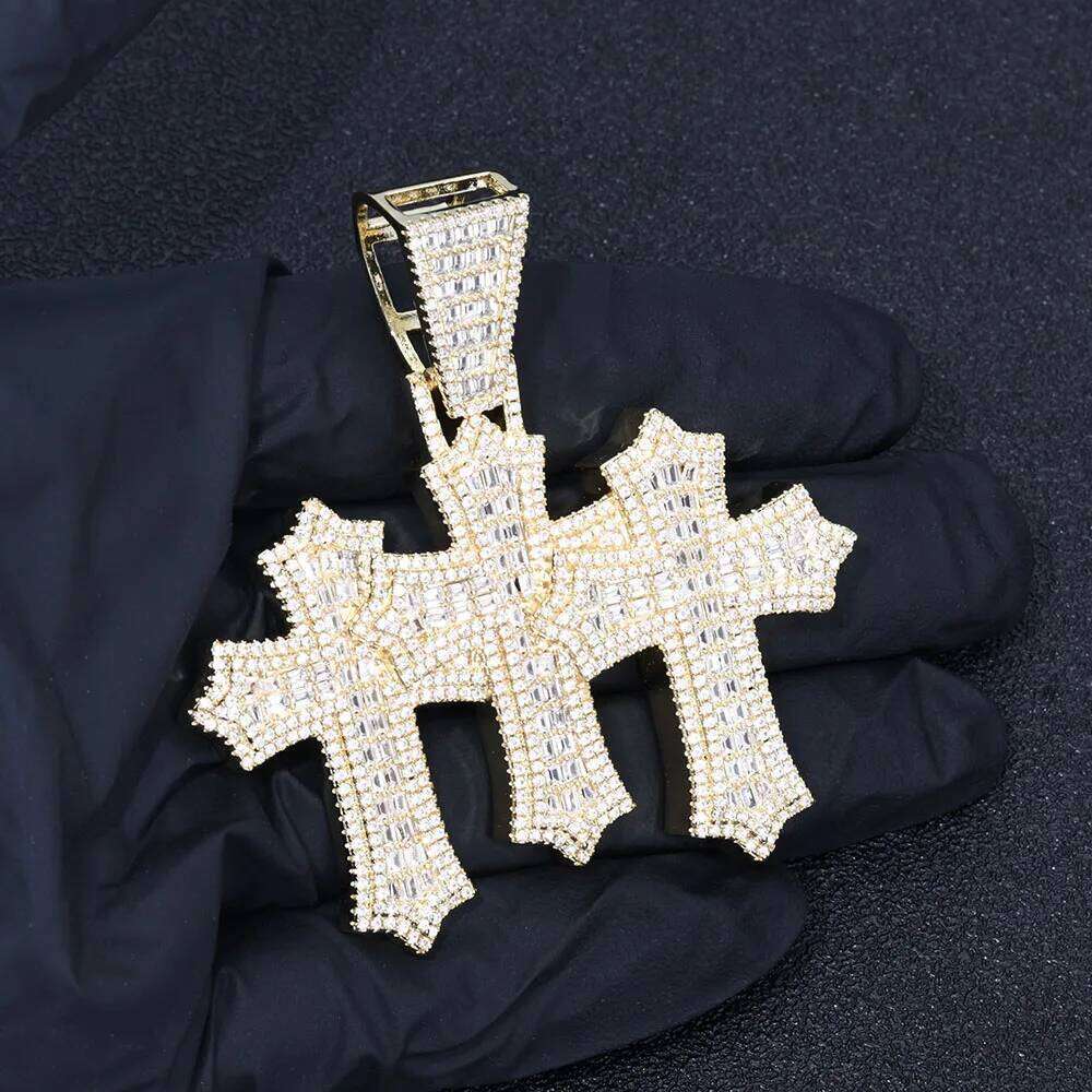 jewelry High Quality 3-in-1 Micro Pave Bling Baguette Cubic Zirconia Cross Silver Gold Plated Brass Diamond Charm Pendant