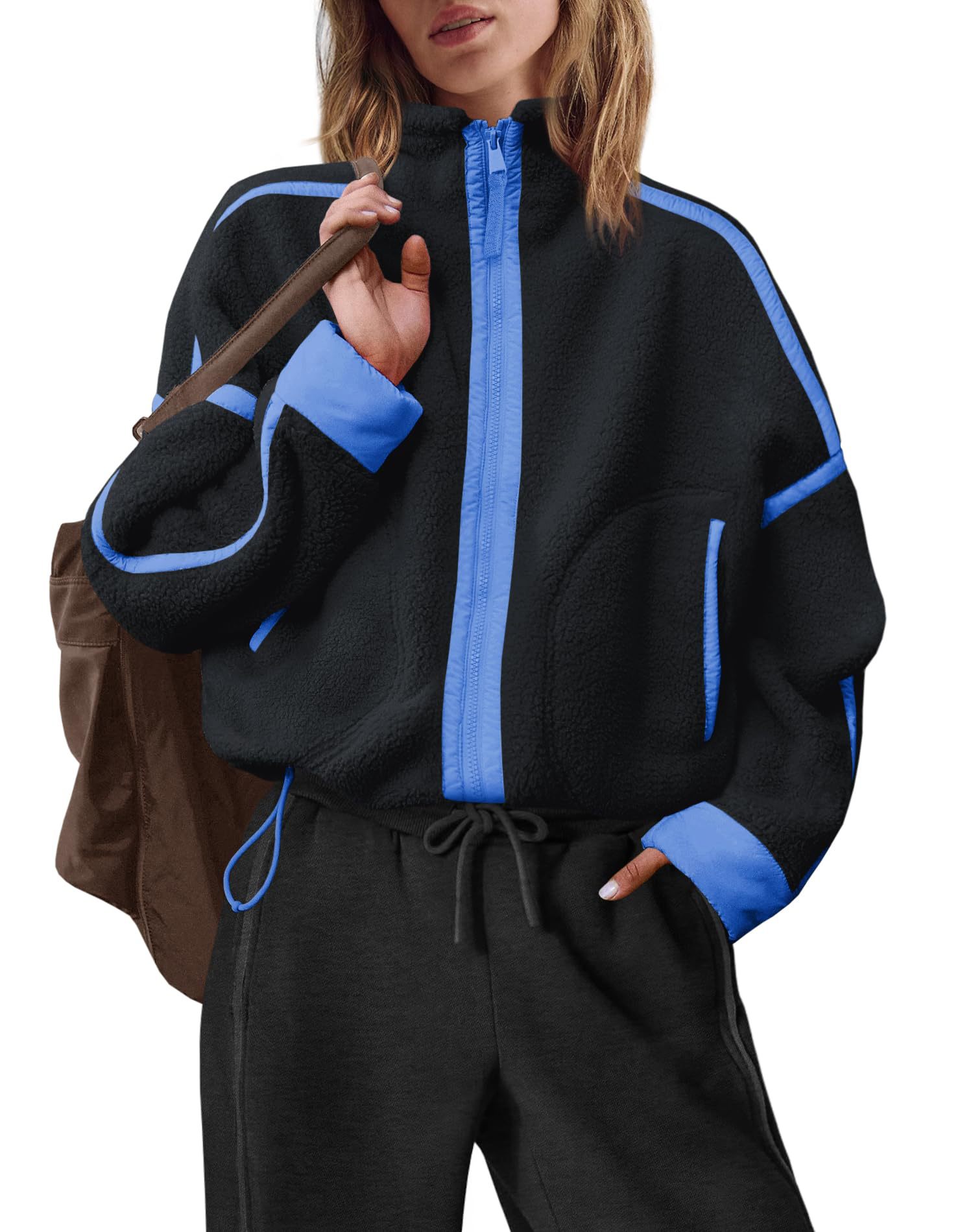 2026 autumn and winter women's zipper sportswear long sleeved stand up collar pullover casual color blocked top