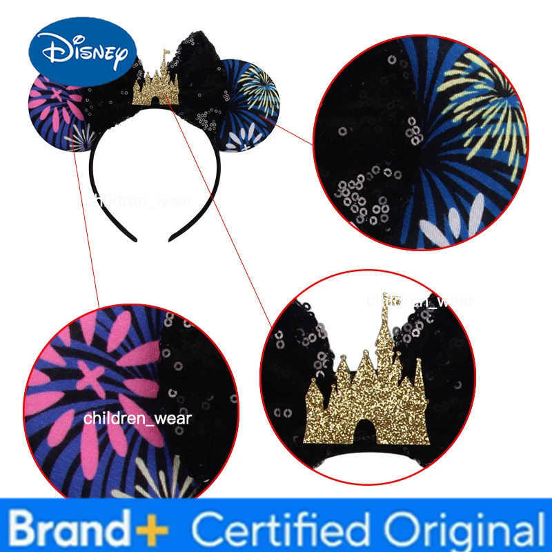 Disney 2025 Castle Fireworks Mouse Ears Headband Sequins Bow Hairband For Girls Children Featival Party DIY Hair Accessories H251226