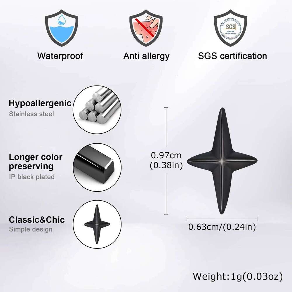 Black Stud Earrings for Men Boys,Stainless Steel Four Point Star Earring,Trendy Hiphop Jewelry 25H1226