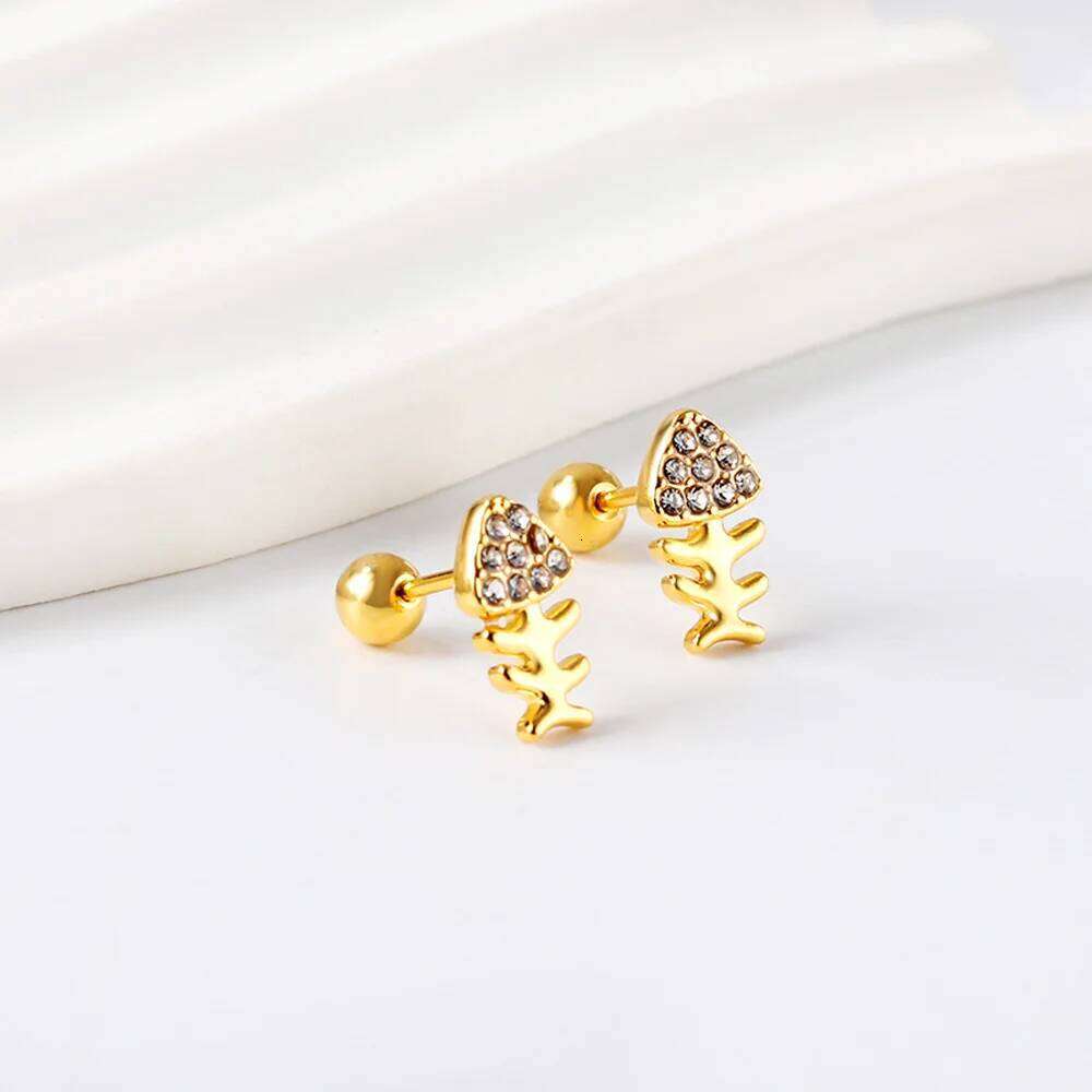New Earrings Suitable for Women and Girls Accessories Gifts Cubic Zirconia Steel Balls Screw Plugs Fish Bones Jewelry 25H1226