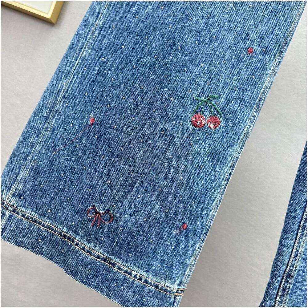 Embroidered Rhinestone Denim Wide-Leg For Women Autumn New High-Waisted Loose Slimming Ins Hong Kong Style Extended Pants