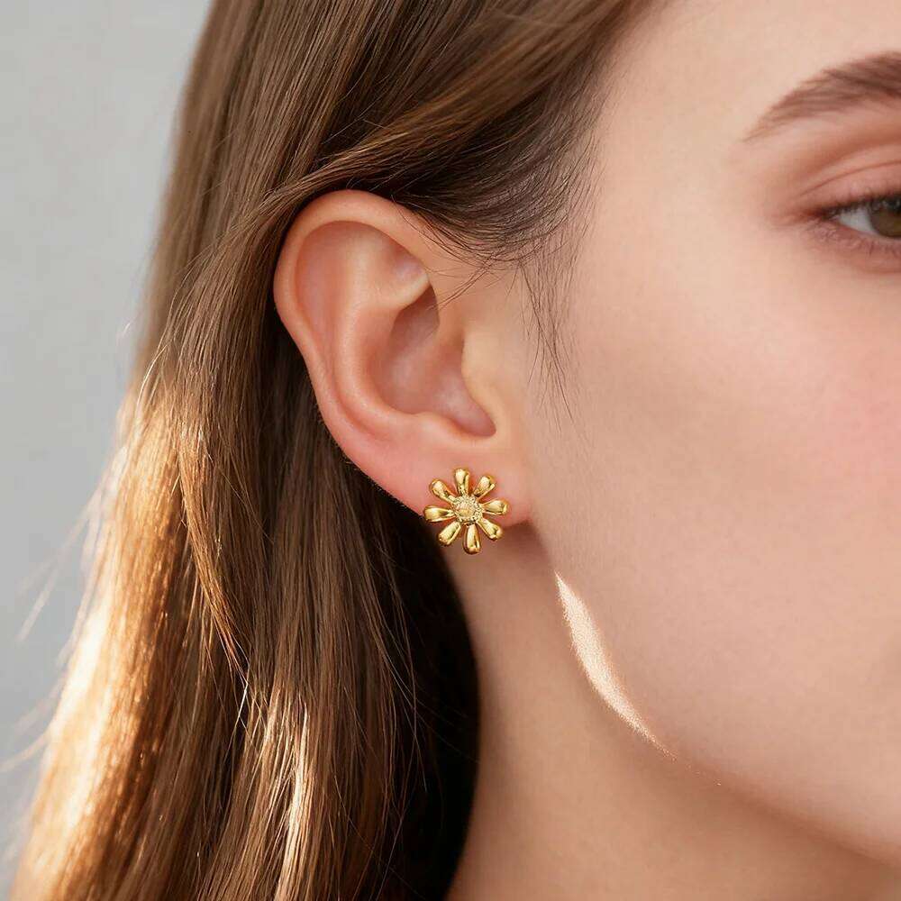 Skyrim Sweet Flower Stud Earrings For Women Girls Stainless Steel Gold Color Cute Plant Jewelry Wedding Gift 25H1226