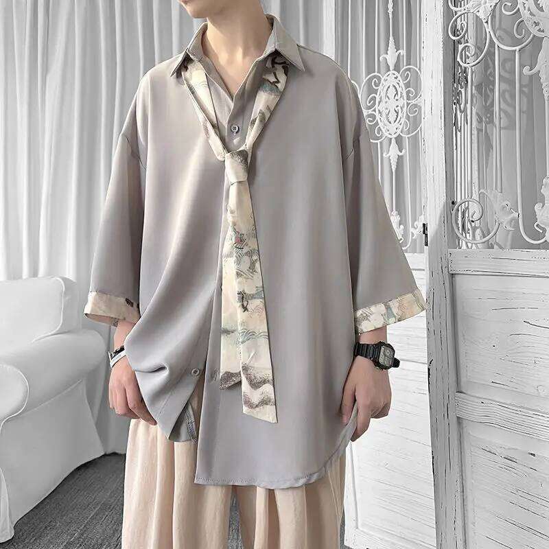 2023 Spring Summer New Solid Color Short Sleeve Men's Clothing Loose Oversized Fashion Casual Lapel Single-Breasted Youth Shirt