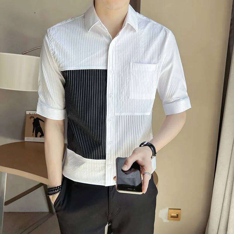 New Summer Style Men's Seven-Point Short-Sleeved Fashion Trendy Striped Spliced Shirt
