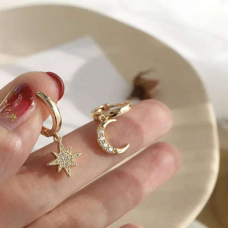 Simple Zircon Star Moon Stud Earrings for Women Gold/Silver Color Asymmetry Ear Pendants Fashion Jewelry 25H1226