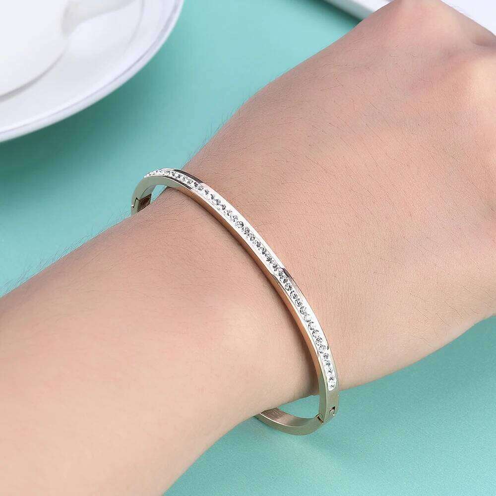 Fashion Jewelry Bracelets With Two Line Crystal Rhinestone Pave Stainless Steel Opening Bangle For Women Accessories 25T1226