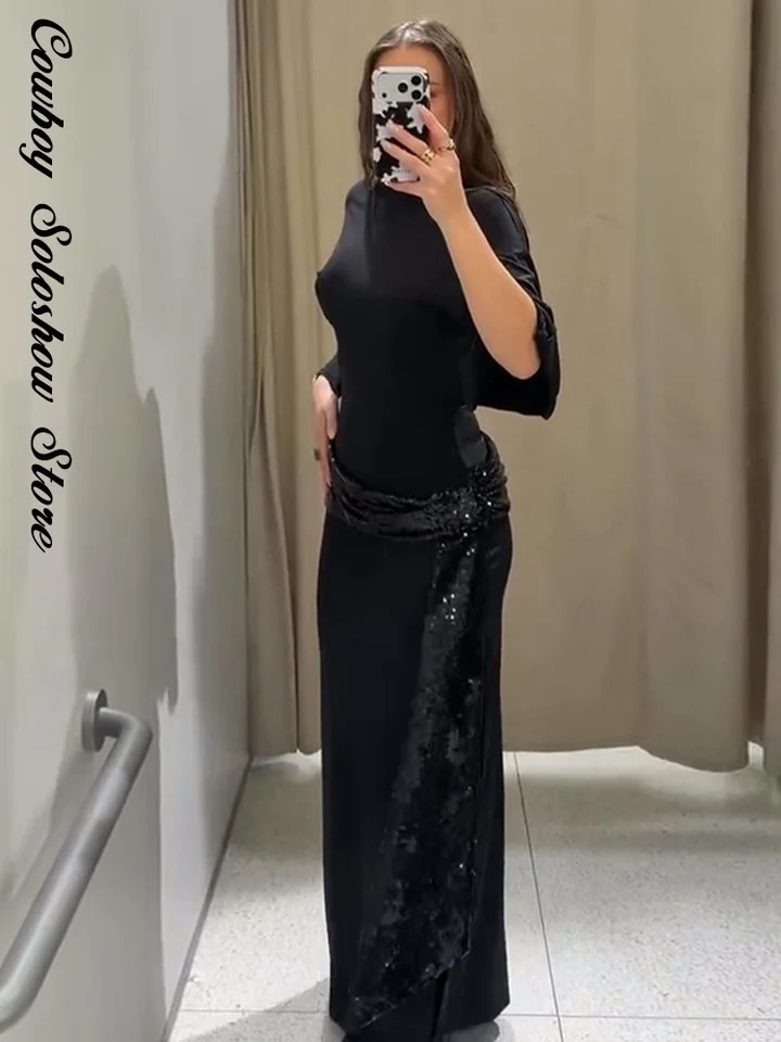 Women Backless Sequin Patchwork Maxi Dress Elegant Wide Sleeve Long Gowns Feminine Fashion Evening Party Daily Robes 2025 251225