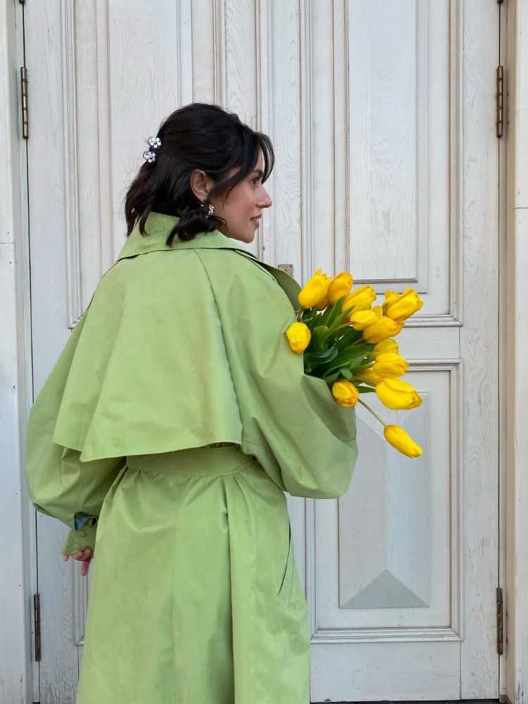 Green Oversized Lapel Trench Coat Women Fashion Long Sleeve Belted Loose Fit Lapel Jackets 2025 Lady Luxury Street OuterwearsT251226