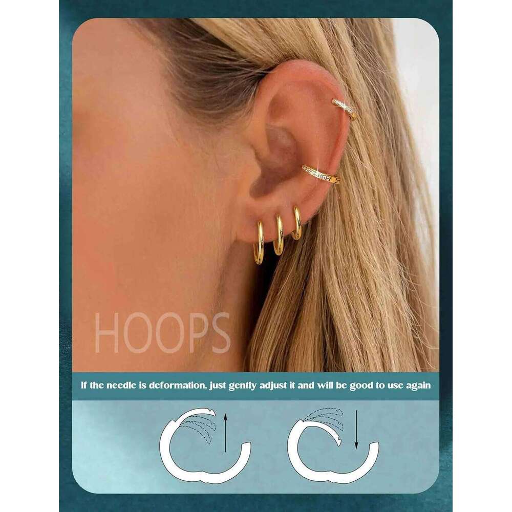 Bobisty 1 Pair 14K Gold Plated Flat Back Stud Hoops Earrings for Women Men CZ Stainless Steel Cute Cartilage Piercing Jewelry 25H1226