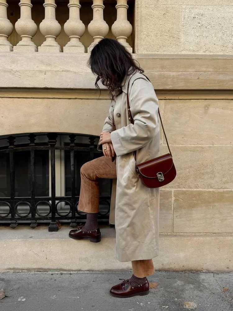 Women Solid Lapel Trench Coat Plaid Lining Single Breasted Full Sleeve Loose Coats Lady 2025 Autum Commute High Street OutwearT251226