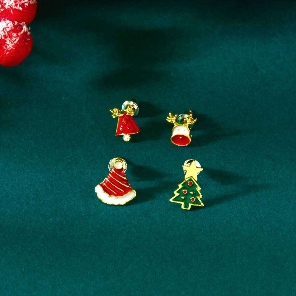 4 Pcs/Set Cute Enamel Christmas for Women Small Elk Bell Xmas Tree Stud Earrings New Year Festival Party Jewelry Gifts 25H1226