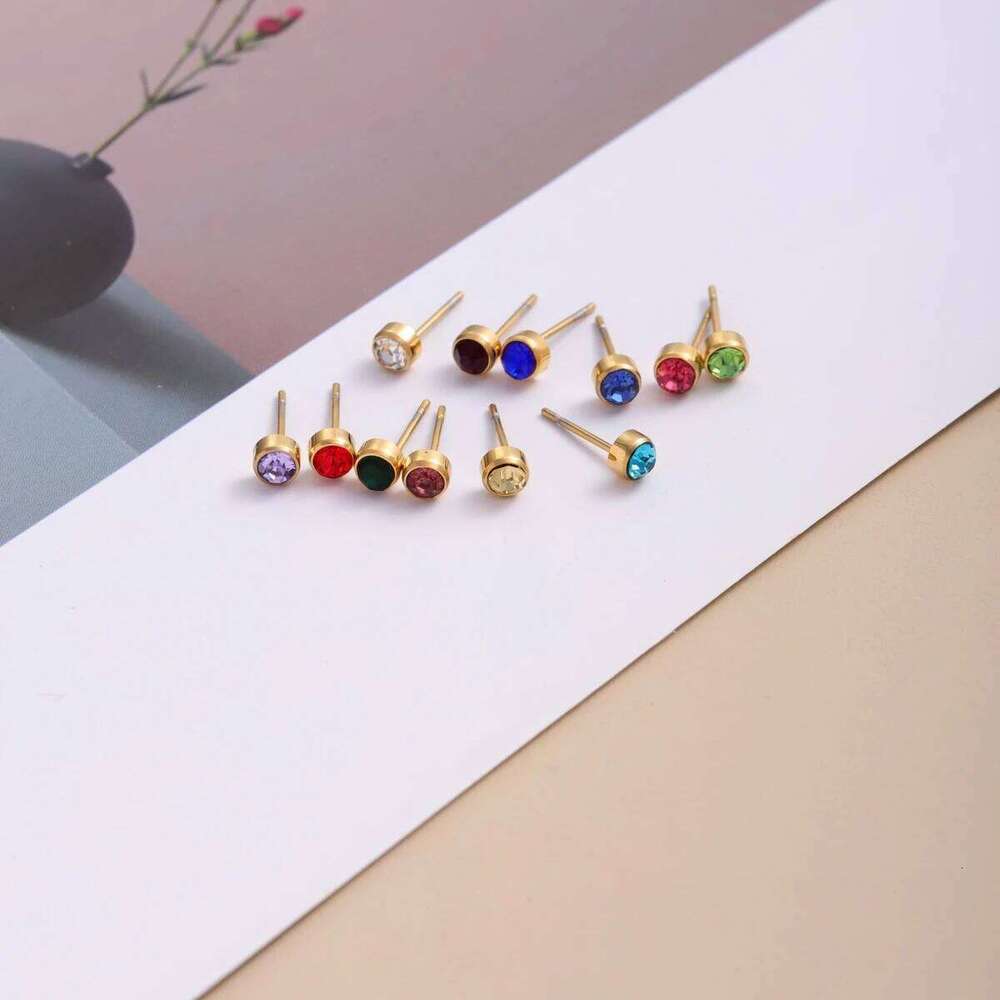 Trendy Colorful Zircon Inlaid Birthstone Tiny Stud Earring Stainless Steel 18k Gold Plated Glaring Earrings for Women 25H1226