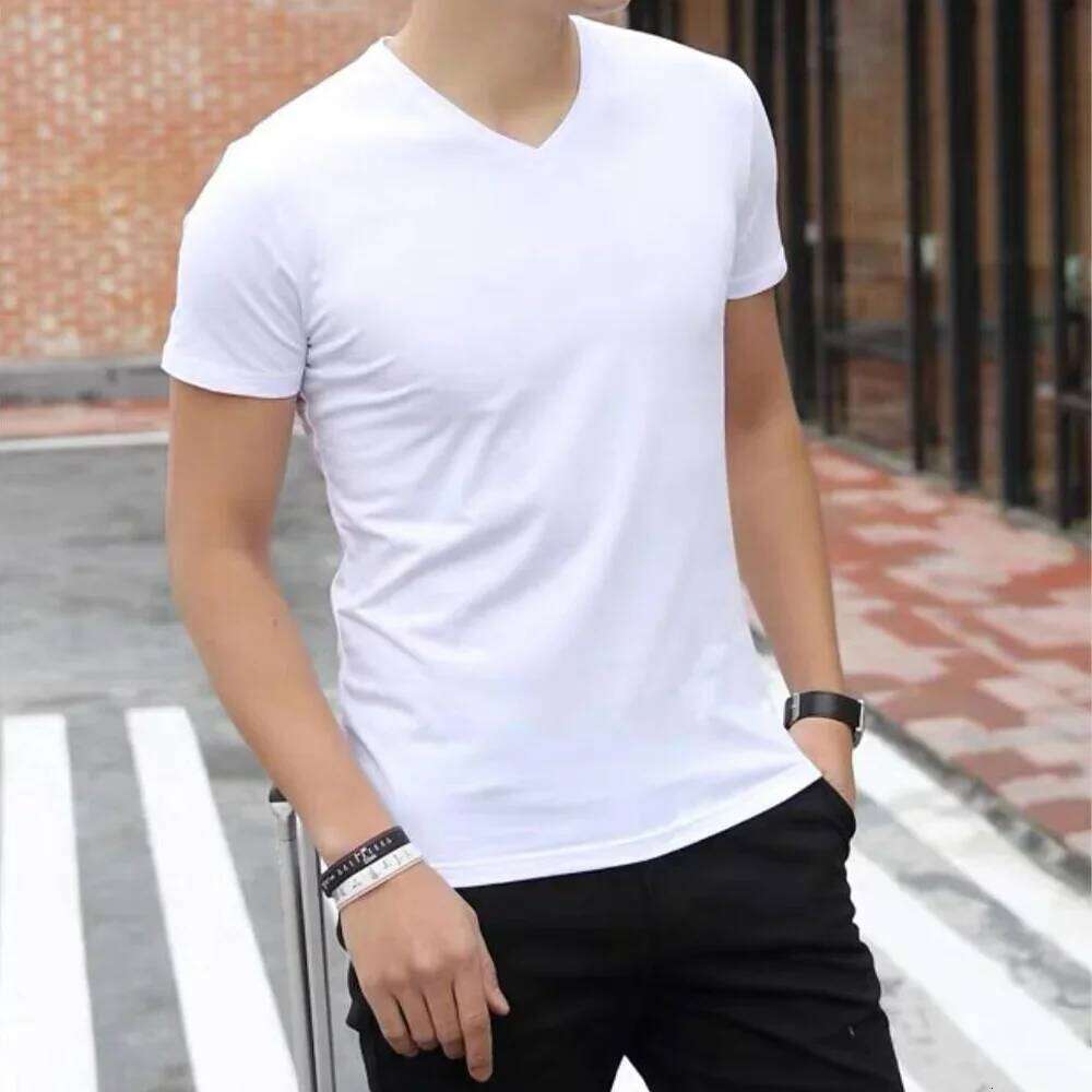 Men's Summer Trendy Bottom V-Neck White High Quality Fabric Pure Cotton Short Sleeved Casual T-Shirt