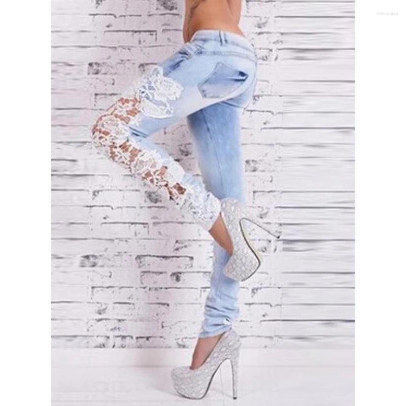 Women's Jeans Lace Spliced Hollow Out Blue For Women Chic Fashion Slim High Waisted Vintage Skinny Pencil Pants Z260313