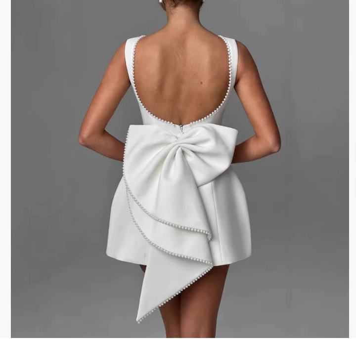 Casual Dresses Elegant Pearl Bow Backless Sexy Mini Dress Women's Luxury Party Short White Black Pink Birthday Evening Wedding