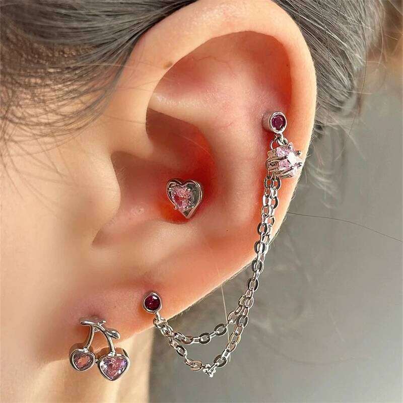 1 PCS Korean Style Cute Pink Zircon Crystal Ear Bone Nail 316L Stainless Steel Kpop Earrings for Women Cartilage Jewelry Gift 25H1226
