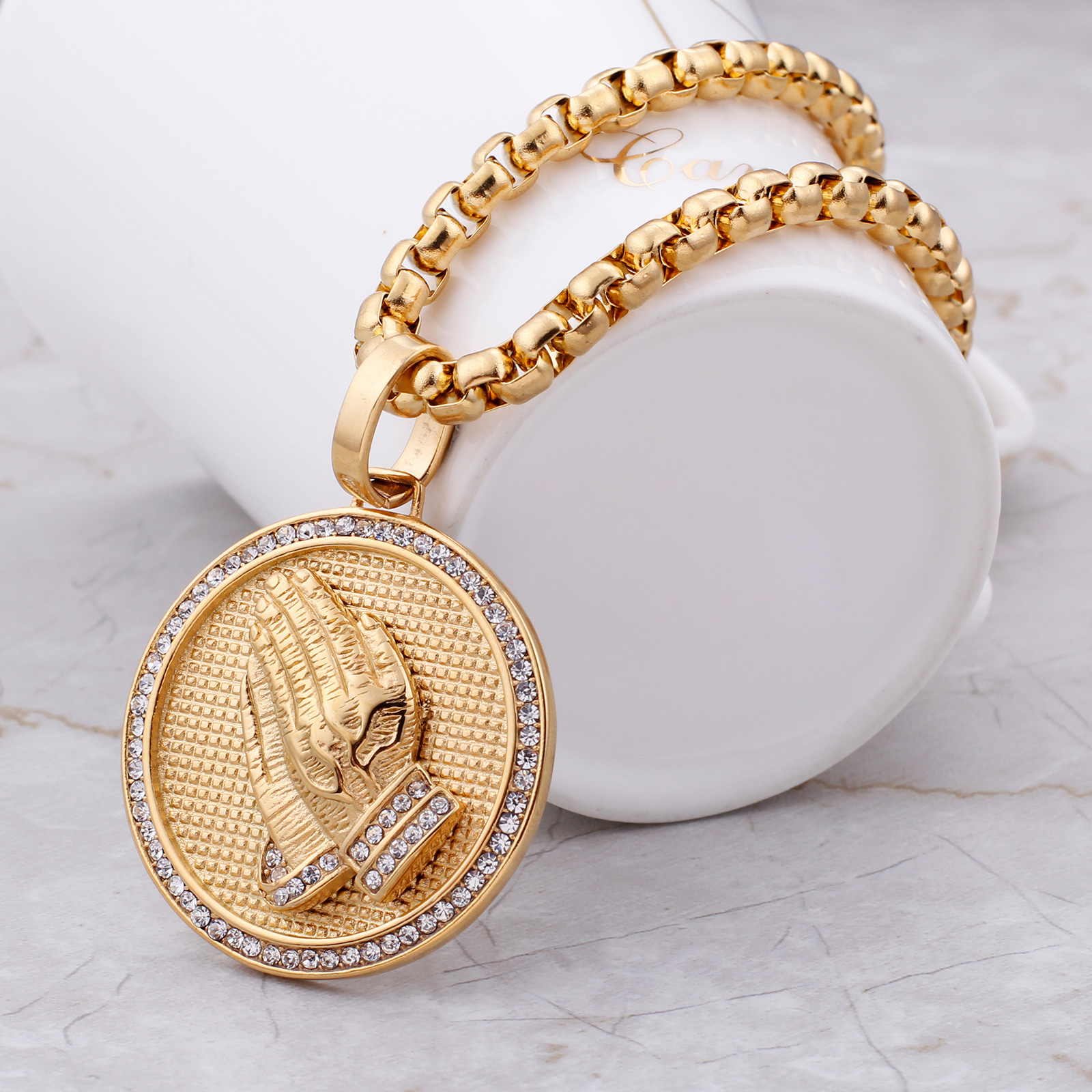 Retro Playing Hand Pendant Necklace with Chain Stainless Steel Religious Jewelry