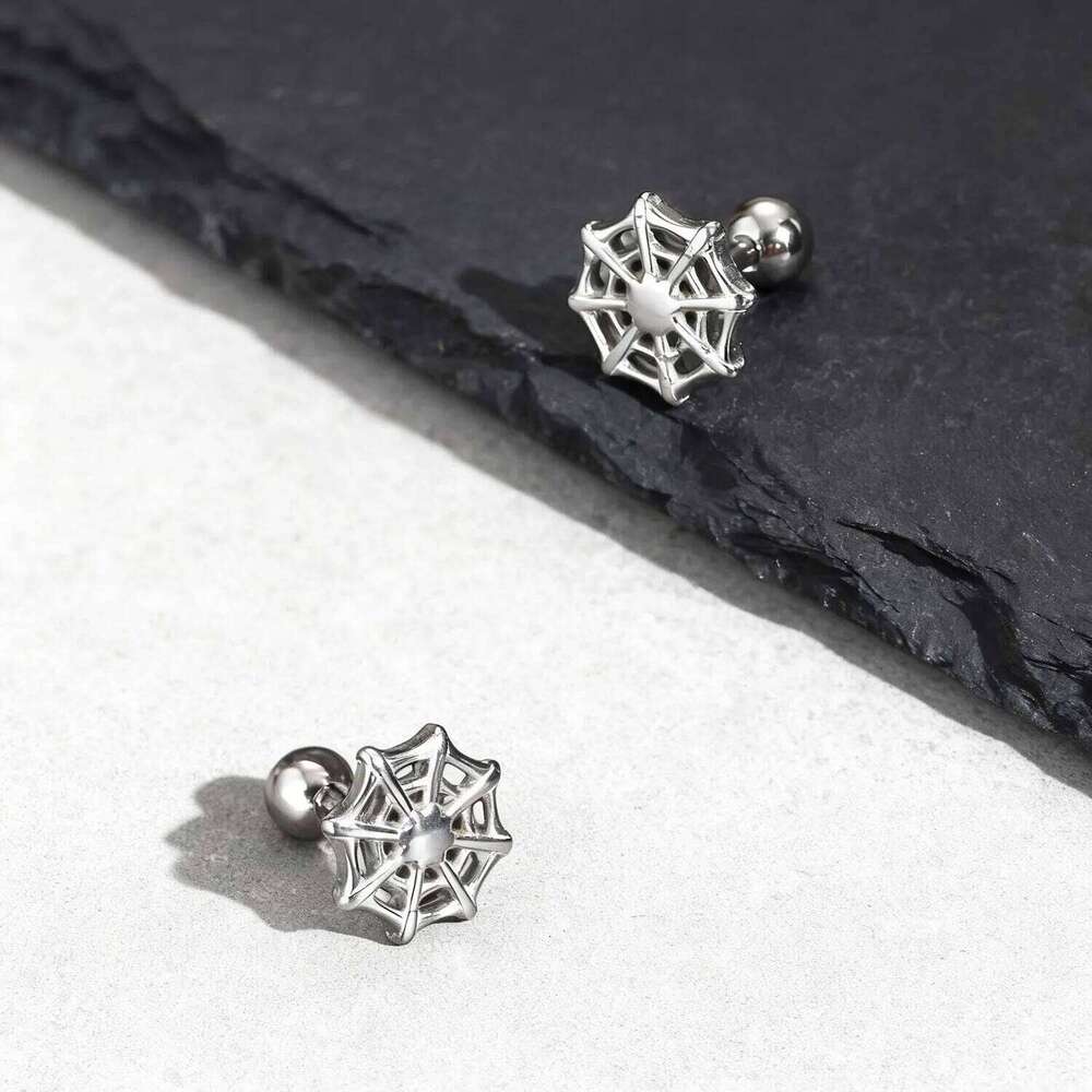 Spider Web Stud Earring for Men Women,Silver Color Stainless Steel Piercing Earring,Halloween Jewelry Gift 25H1226