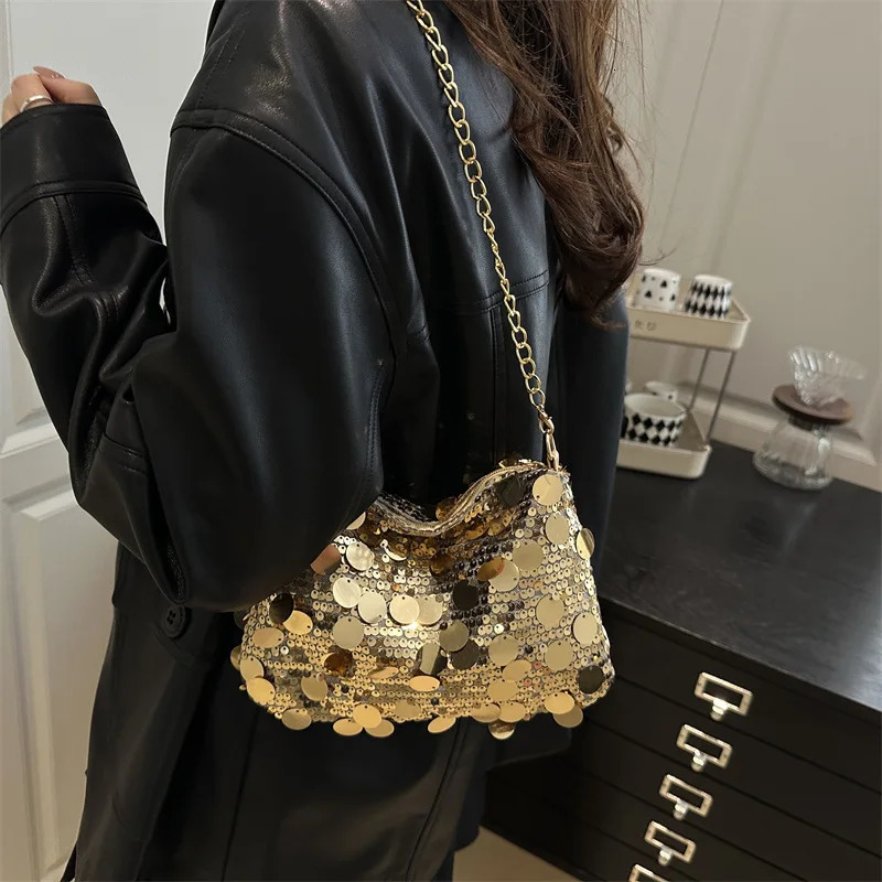 Sequin Evening Party Shoulder Bags for Women Lightweight Portable Ladies Chain Crossbody Bag Solid Color Casual Female Handbag 251223