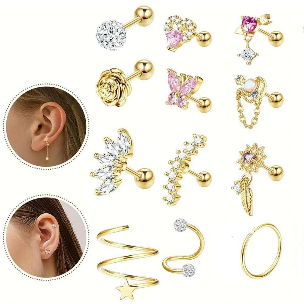 FASACCO 1PC Cartilage Earring Stud for Women Flower Heart Hypoallergenic Stainless Steel Screw Back CZ Earrings Piercing Jewelry 25H1226