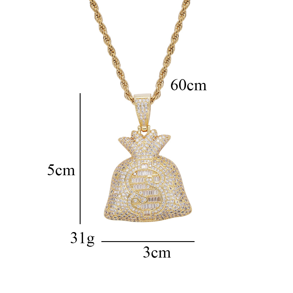 Hip Hop Dollar Purse Pendant Necklace Bling Zircon 18K Real Gold Plated Men Women Jewelry Gift