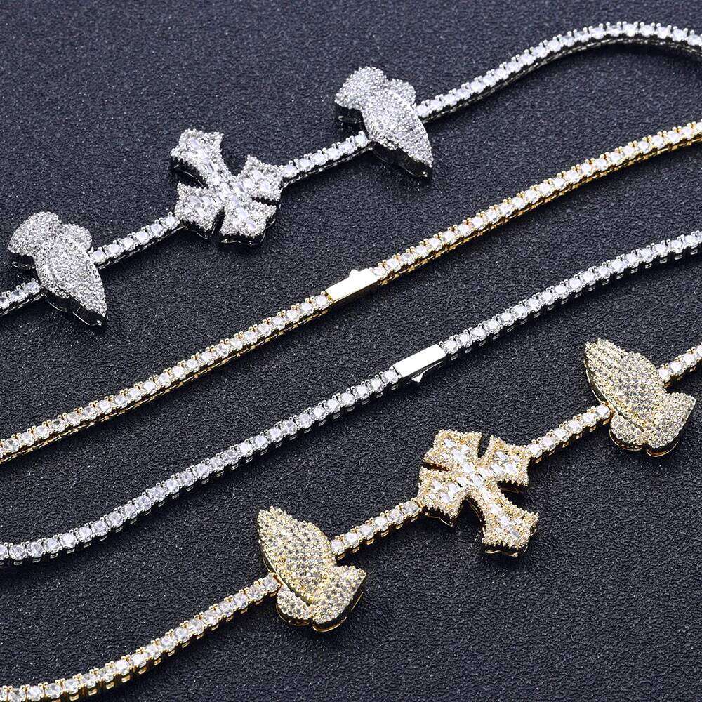 jewelry Hip Hop Necklace High Quality Sparkling 5A Cubic Zirconia Praying Hand Cross Charm Tennis Chain Dropshipping