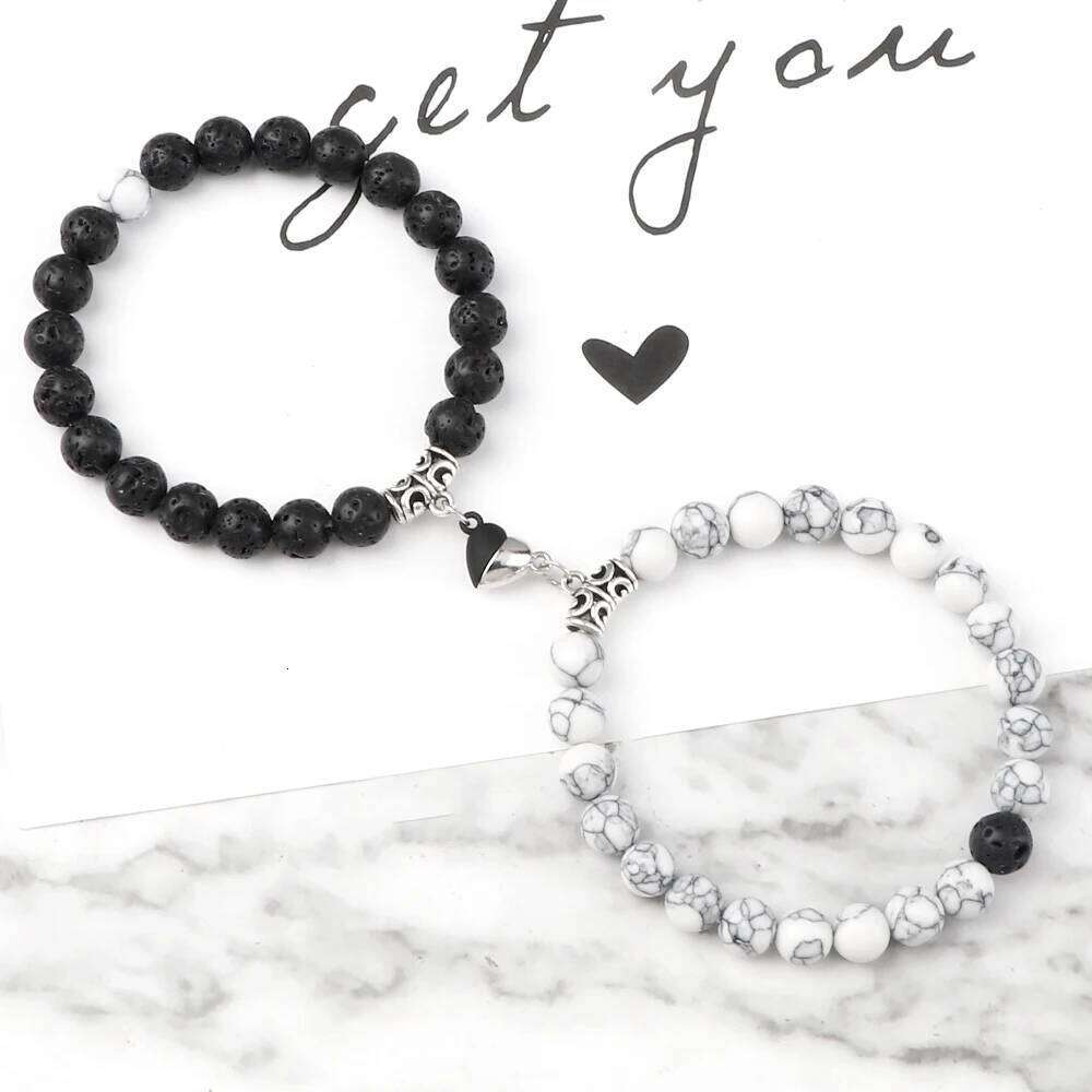 2Pcs/Set Sliver Color Magnet Pendant Bracelets 6MM 8MM White Porcelain Black Line Beads Couple Bracelet Jewelry Gift New 25T1226