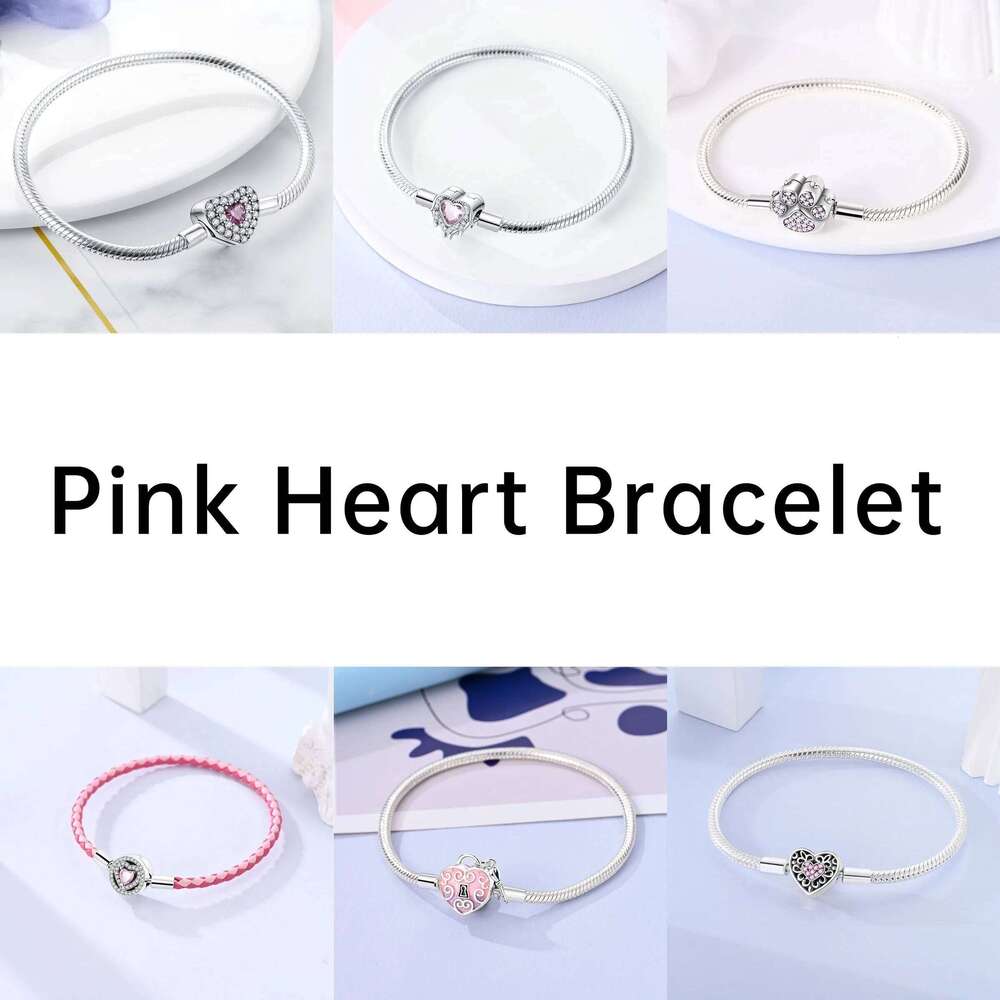 Pink Love Heart Silver 925 Bracelet Original Bracelets Zircon Cat Paw Snake Chain For DIY Charms 17-20CM Wedding Jewelry Gifts 25T1226