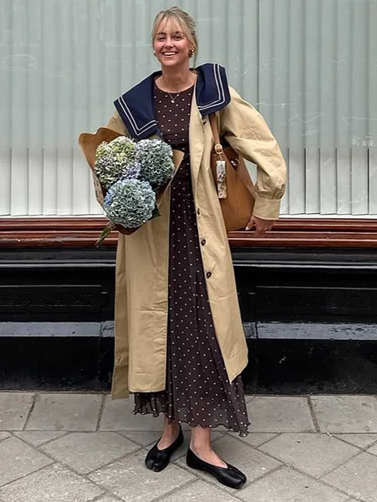 Retro Lace-up Long Trench Coat Jacket With Navy Sailor Collar Elegant Streetwear Outerwear Loose Fit Demi-season Fashion OutfitT251226