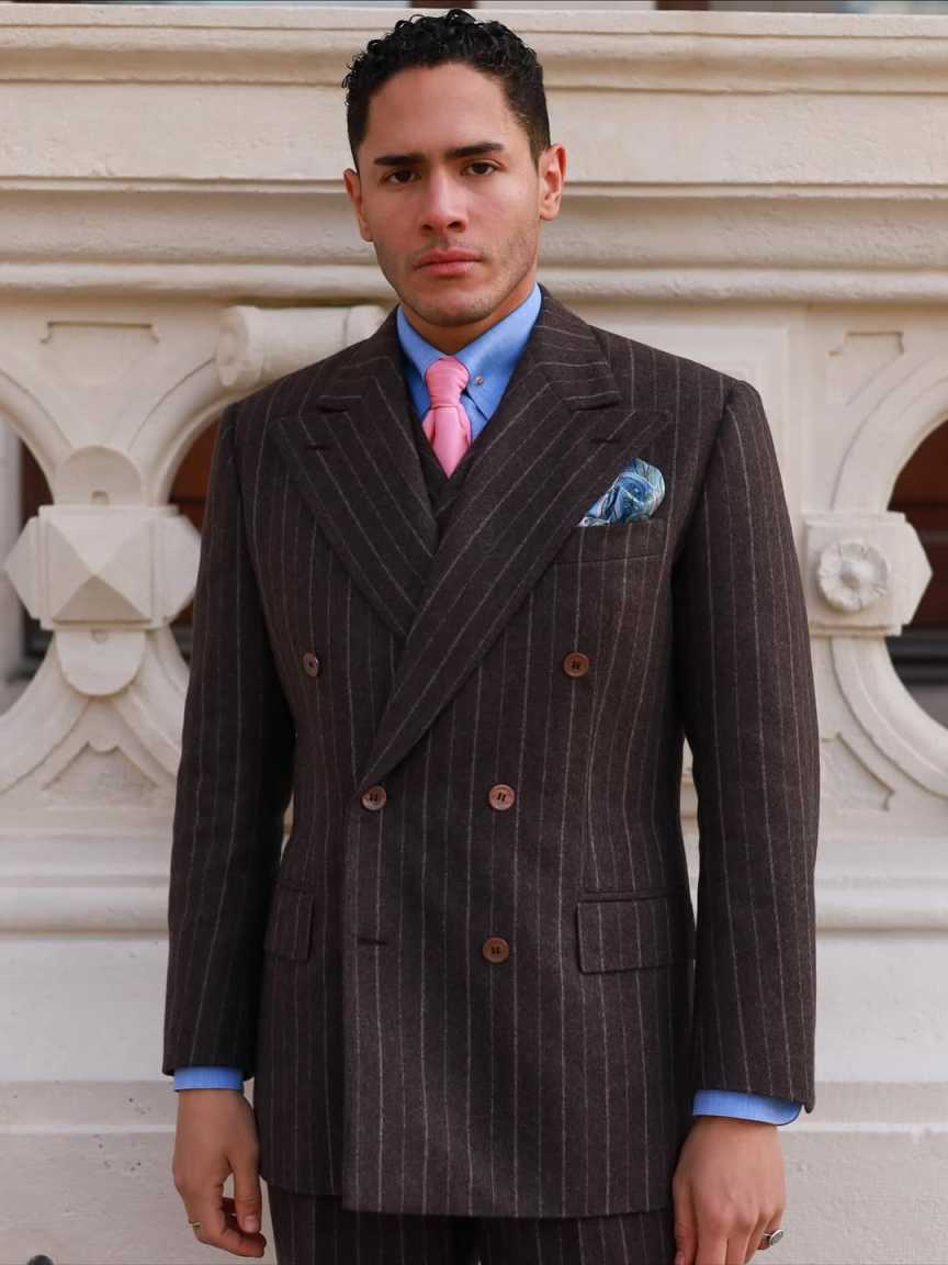 Fashion Wedding Tuxedos Pinstripe Peaked Lapel Double Breasted Men Suit Classic 3 PCS Jacket Vest Pants Evening Groom Coat Customized