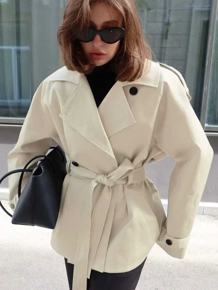 Women Solid Lapel Single Breast Short Jacket Long Sleeve Belt Button Lace Up Cropped Trench Coat Lady Casual New Fall Daily WearT251226